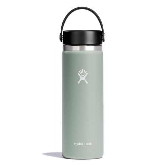 Hydro Flask Wide Mouth Insulated Water Bottle with Flex Cap in sage green, stainless steel, keeps drinks cold for 24 hours.